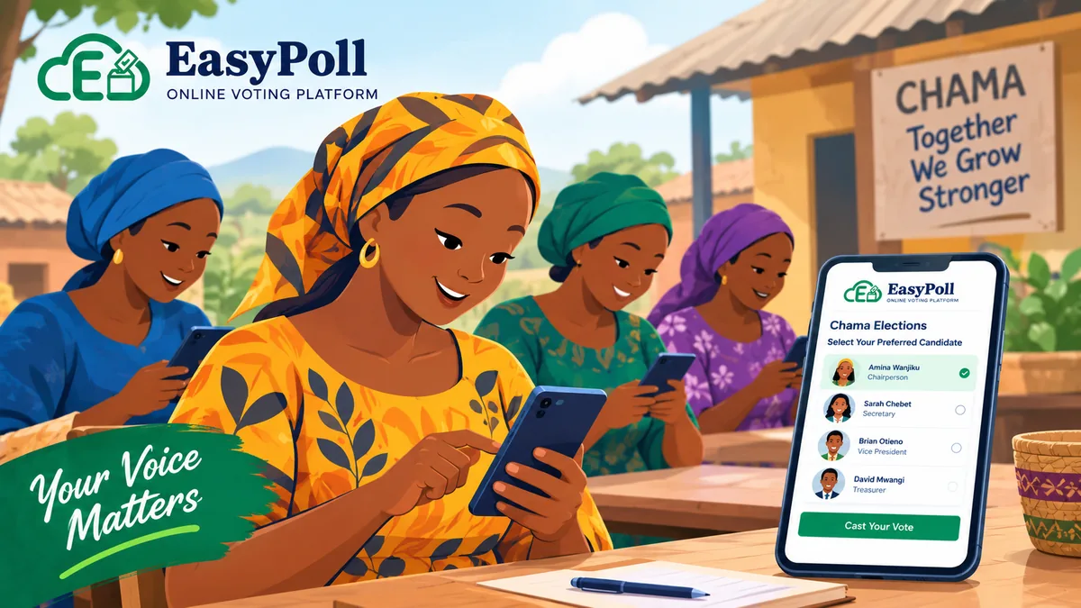 Illustration of chama members voting together, each on her own phone, with the EasyPoll ballot open and a banner reading 'Together we grow stronger'.