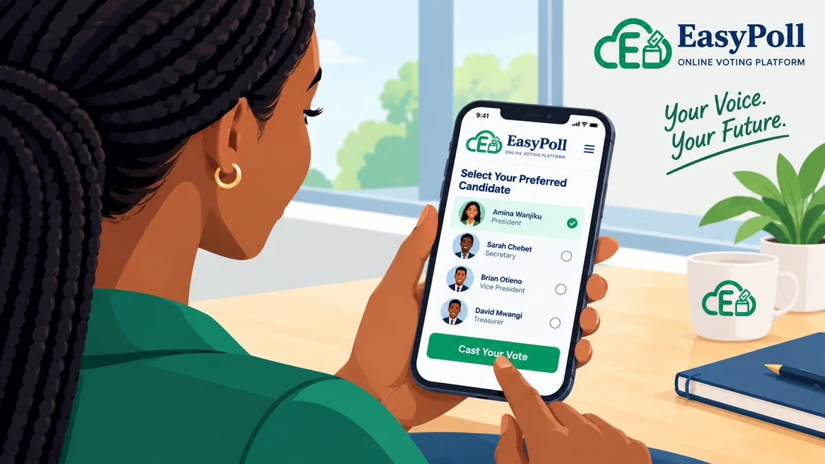 Illustration of a member at her desk selecting her preferred candidate on the EasyPoll ballot on her phone.