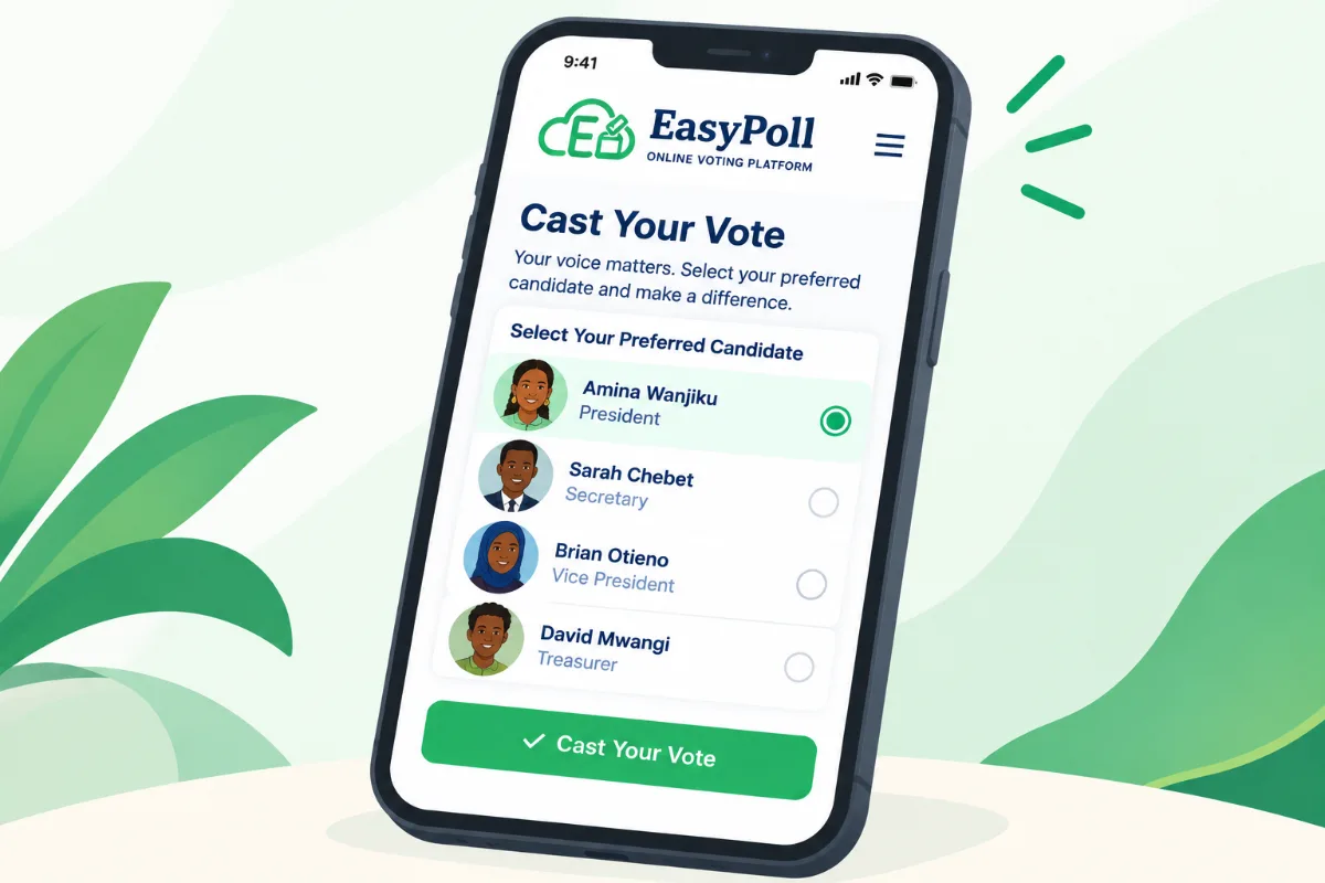 Illustration of a student voting on her phone with the EasyPoll ballot open, beside the platform's four promises: secure and tamper-proof, easy for all voters, real-time results, accessible anywhere.